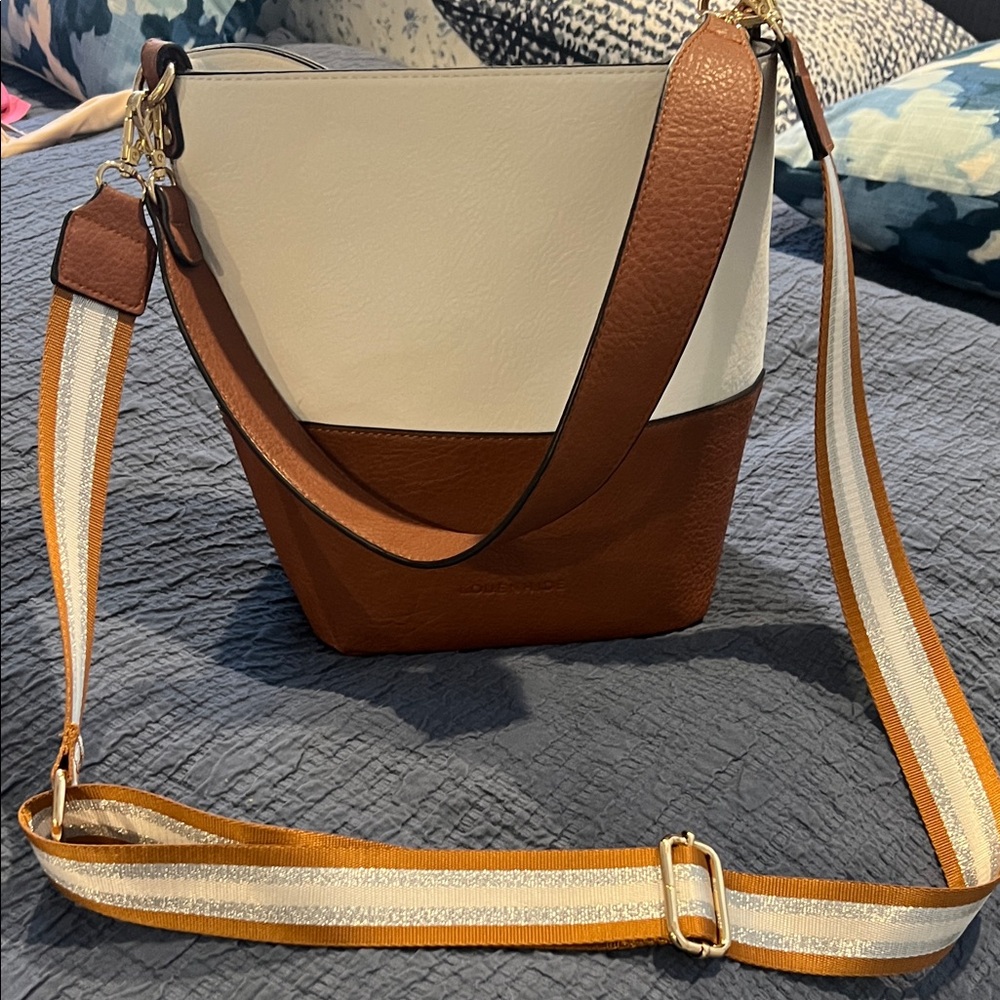 Two-Tone White and Brown Shoulder Bucket Bag with Striped Strap